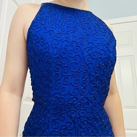 Vintage Prom Dress Formal Long Silk Beaded Open Back Blue Leg Slit Event Small - Picture 2 of 9